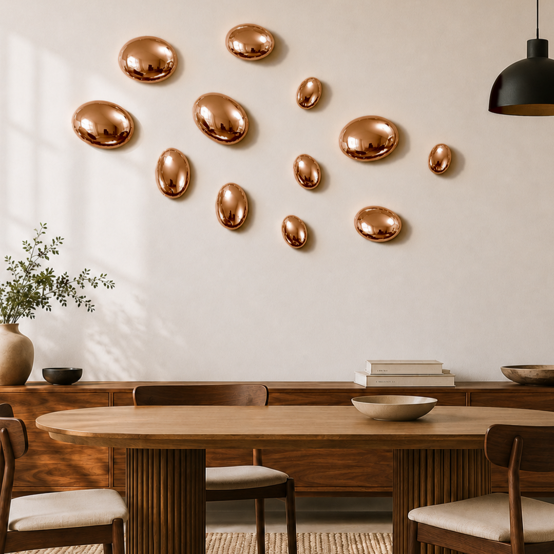 Rose Gold Stainless Steel Pebble Wall Decor Set of 12 | Luxury 3D Mirror Finish Metal Wall Art | Modern Decorative Wall Sculpture for Living Room, Bedroom, Hallway & Office | 4 x 8", 4 x 6", 4 x 4"