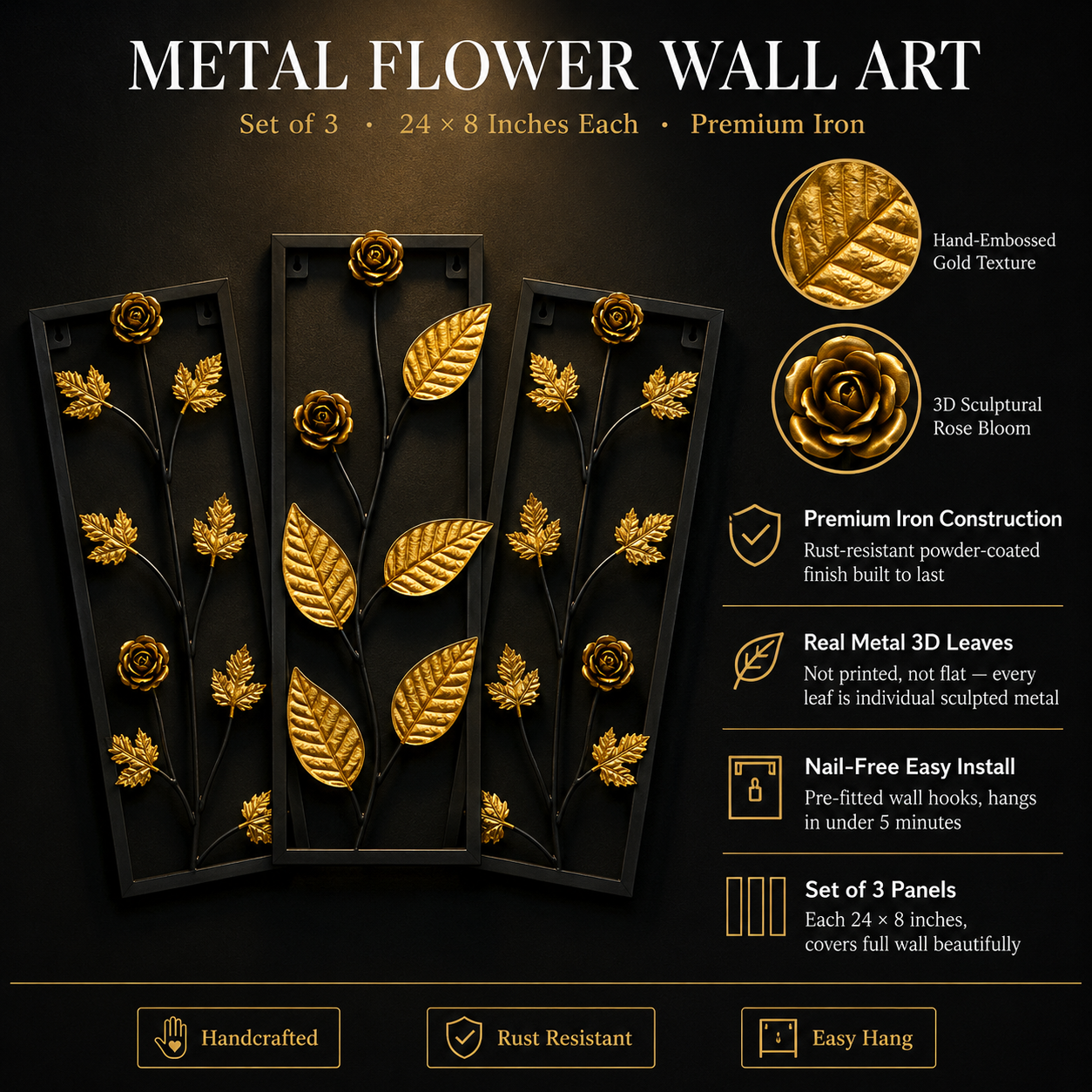Iron Floral Leaf Wall Art Panels