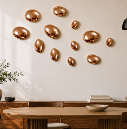Rose Gold Stainless Steel Pebble Wall Decor Set of 12 | Luxury 3D Mirror Finish Metal Wall Art | Modern Decorative Wall Sculpture for Living Room, Bedroom, Hallway & Office | 4 x 8", 4 x 6", 4 x 4"