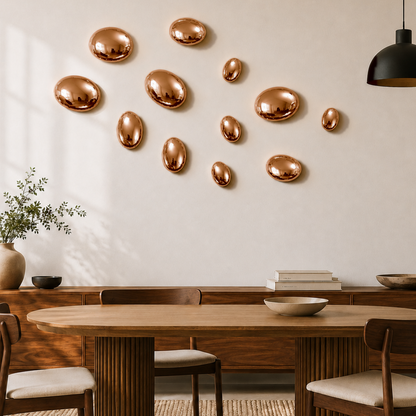Rose Gold Stainless Steel Pebble Wall Decor Set of 12 | Luxury 3D Mirror Finish Metal Wall Art | Modern Decorative Wall Sculpture for Living Room, Bedroom, Hallway & Office | 4 x 8", 4 x 6", 4 x 4"