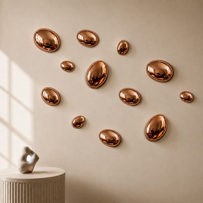 Rose Gold Stainless Steel Pebble Wall Decor Set of 12 | Luxury 3D Mirror Finish Metal Wall Art | Modern Decorative Wall Sculpture for Living Room, Bedroom, Hallway & Office | 4 x 8", 4 x 6", 4 x 4"