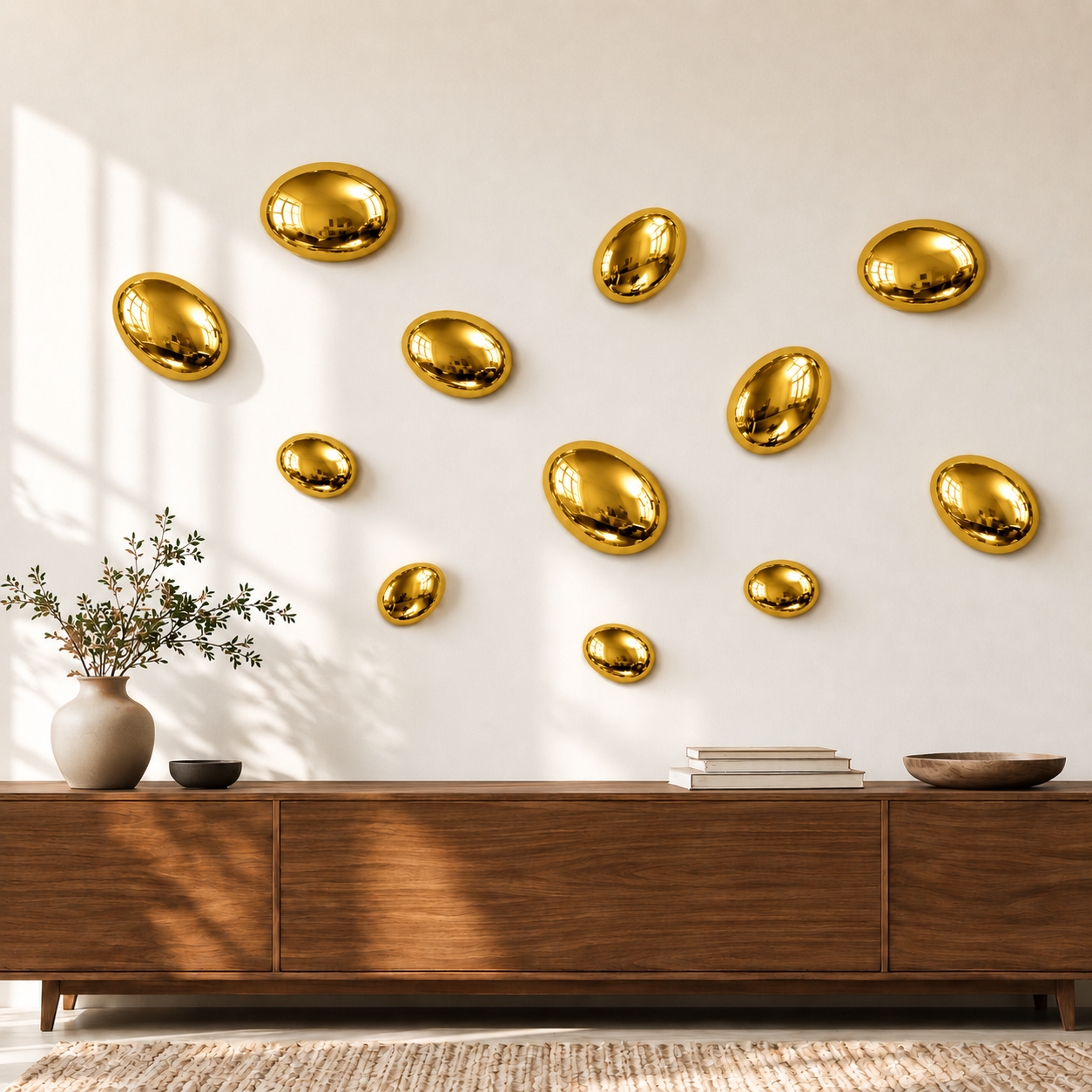 Gold Stainless Steel Pebble Wall Decor Set of 12 | Luxury 3D Mirror Finish Metal Wall Art | Modern Decorative Wall Sculpture for Living Room, Bedroom, Hallway & Office | 4 x 8", 4 x 6", 4 x 4" (Copy)