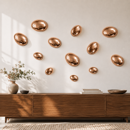 Rose Gold Stainless Steel Pebble Wall Decor Set of 12 | Luxury 3D Mirror Finish Metal Wall Art | Modern Decorative Wall Sculpture for Living Room, Bedroom, Hallway & Office | 4 x 8", 4 x 6", 4 x 4"