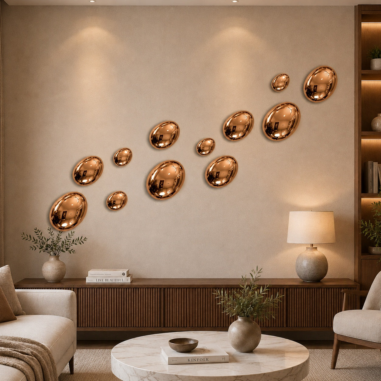 Rose Gold Stainless Steel Pebble Wall Decor Set of 12 | Luxury 3D Mirror Finish Metal Wall Art | Modern Decorative Wall Sculpture for Living Room, Bedroom, Hallway & Office | 4 x 8", 4 x 6", 4 x 4"