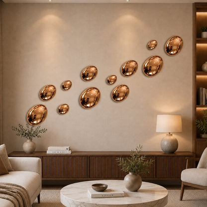 Rose Gold Stainless Steel Pebble Wall Decor Set of 12 | Luxury 3D Mirror Finish Metal Wall Art | Modern Decorative Wall Sculpture for Living Room, Bedroom, Hallway & Office | 4 x 8", 4 x 6", 4 x 4"