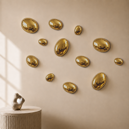 Gold Stainless Steel Pebble Wall Decor Set of 12 | Luxury 3D Mirror Finish Metal Wall Art | Modern Decorative Wall Sculpture for Living Room, Bedroom, Hallway & Office | 4 x 8", 4 x 6", 4 x 4" (Copy)